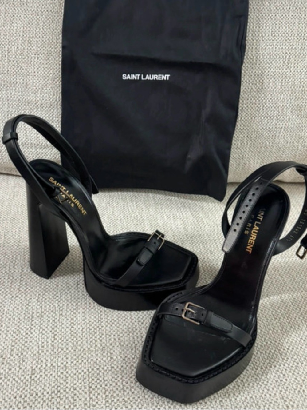 Yves Saint Laurent Black Leather Platform Slingback Heels